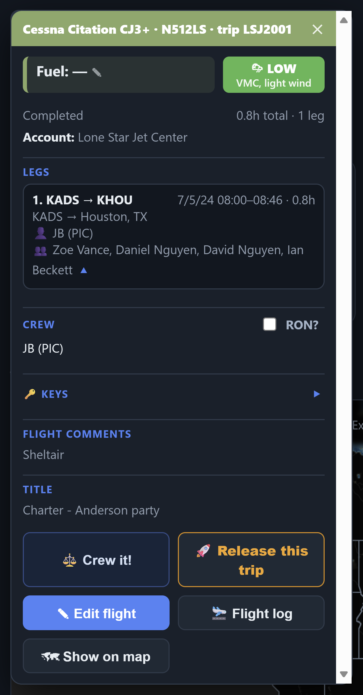 Trip detail: aircraft, fuel, weather, legs, crew, and one-tap actions