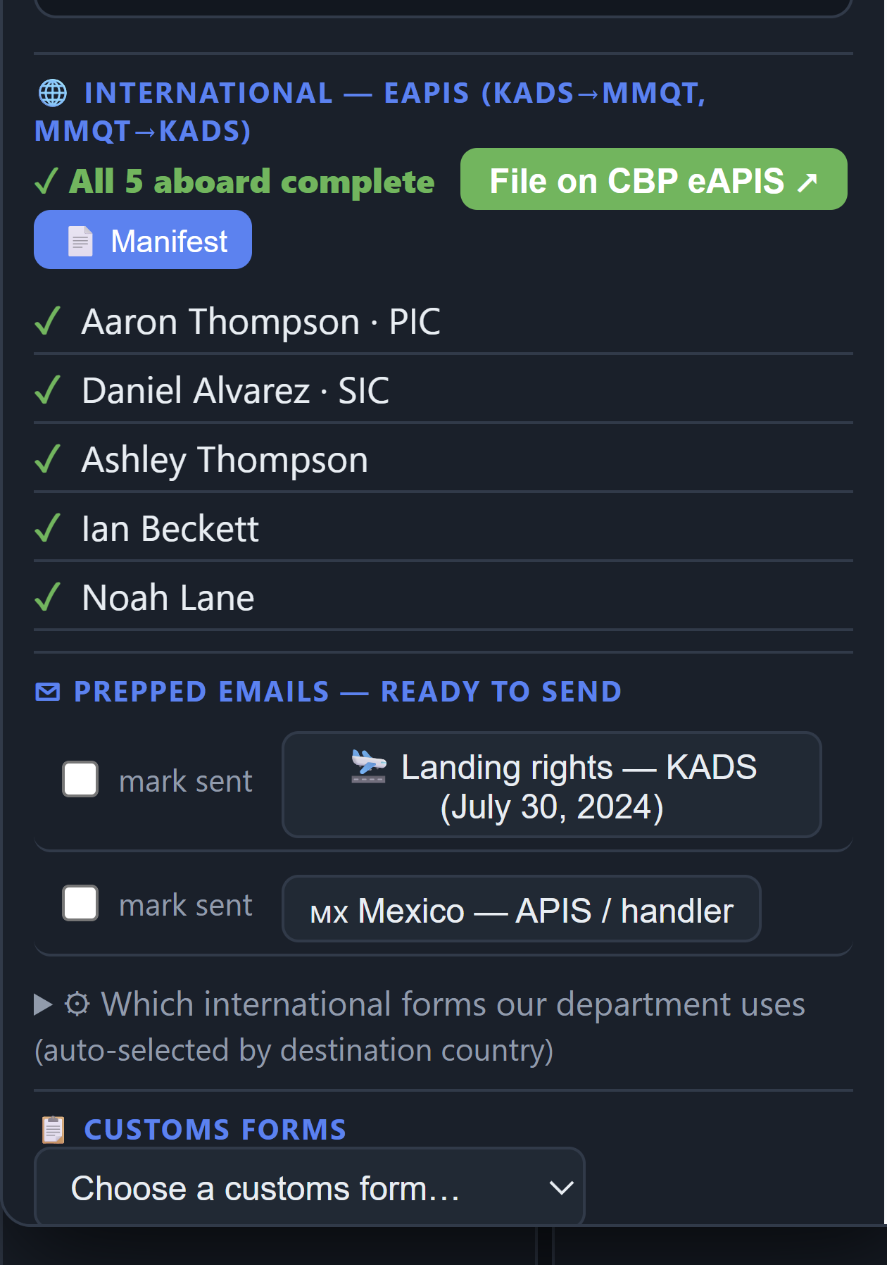 International eAPIS check: all aboard complete, per-traveler green checks, File on CBP eAPIS, prepped customs emails