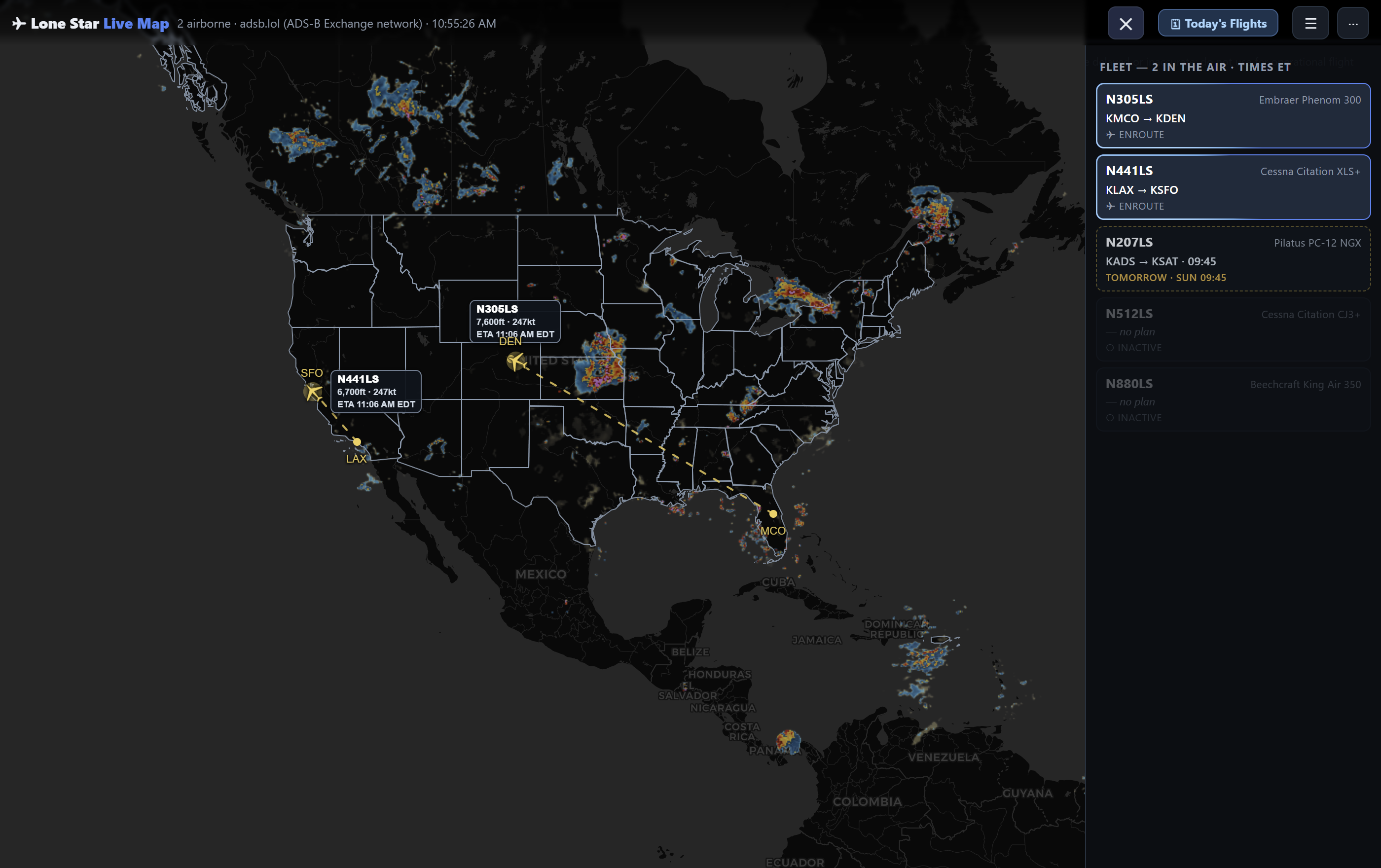 Live aircraft map: fleet positions, weather overlay, and ETAs