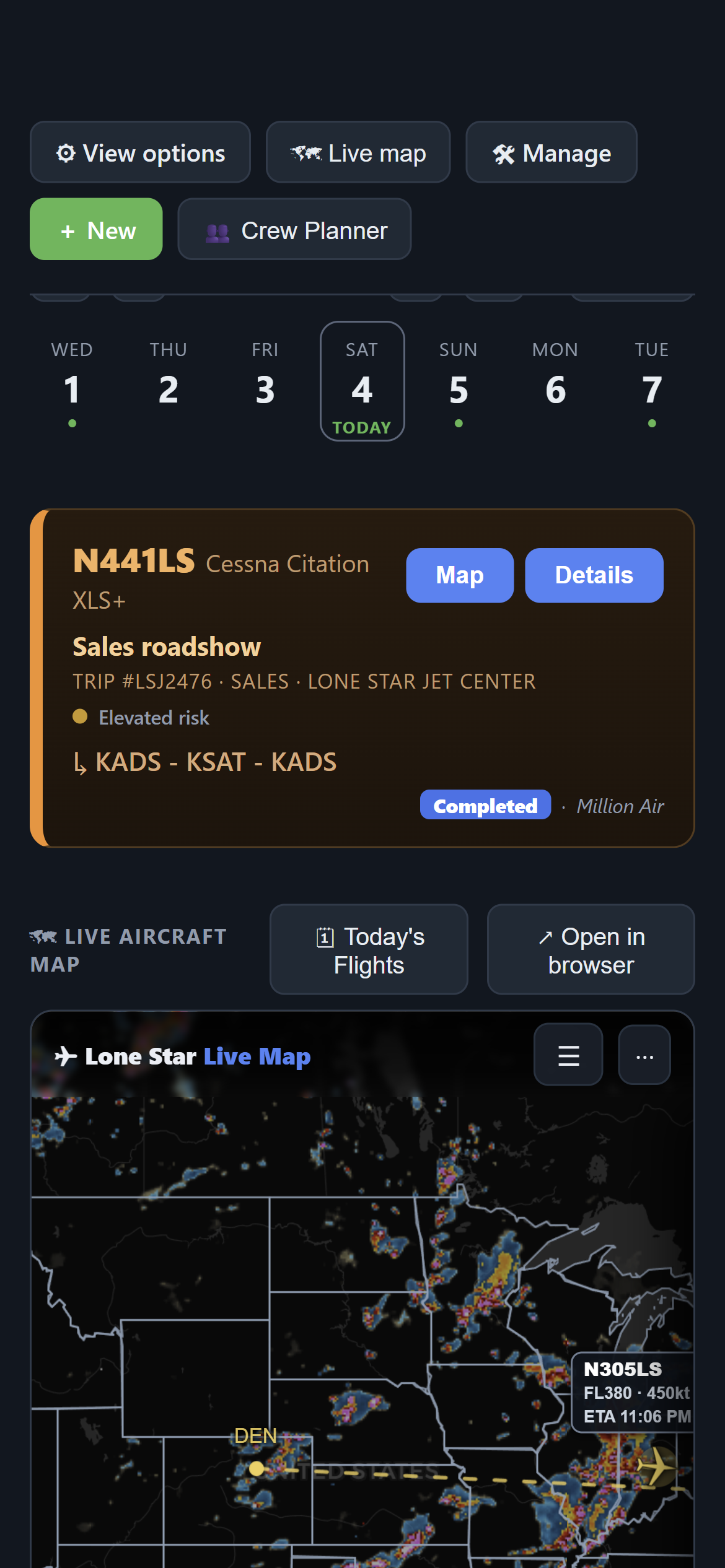 The Crew Portal on iPhone: the same schedule as a trip card with the live aircraft map below
