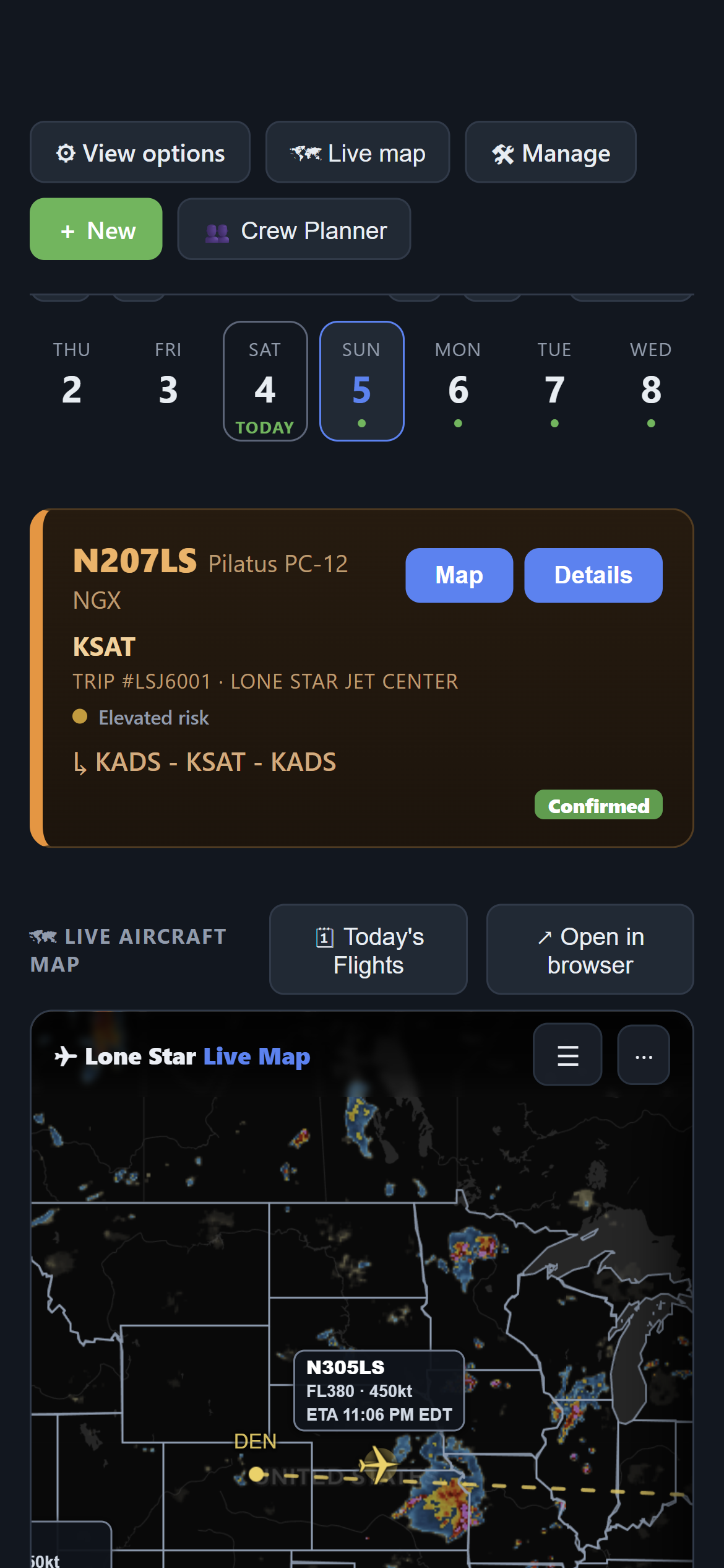 The Crew Portal on iPhone — date slider, an orange trip card showing the route and a subtle FRAT indicator, and the live map underneath