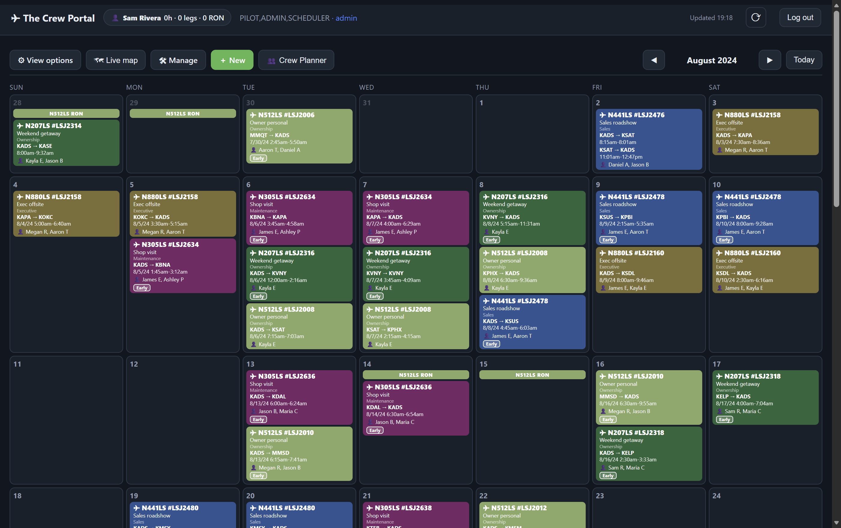 The Crew Portal schedule on desktop: a month of color-coded flights by aircraft, with crew, overnights, and trip purpose